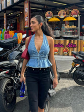 Denim Deep V-neck Backless Halter Lace-up Cami Top