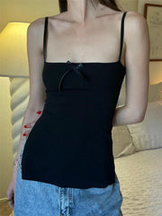 Women Slim Front Satin Bowknot Patchwork Spaghetti Strap Mini Vest Side Split Streetwear 2024 Crop Top