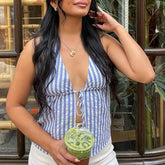 Y2K Striped Backless Tie-Up Front Halter Cami Top