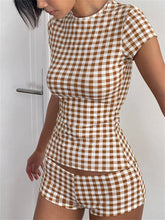 Plaid Print Crew Neck Short Sleeve T-Shirt Two Piece Shorts Set