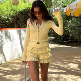 Knit Cardigan Ruffle Sleeve Top Solid Two Piece Shorts Set