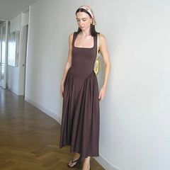 Solid Pleated Square Neck Midi Dress