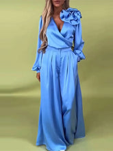Satin Flower V-Neck Wide Leg Suit