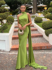 Satin Scarf Collar Halter Maxi Dress