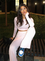 Basic Wide Leg Crew Neck Two Piece Pants Set