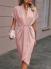 Short Sleeve Deep V Neck Draped High Waist Work Dress
