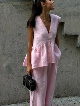 Pink Cotton Linen Ruffles Two Piece Pants Set