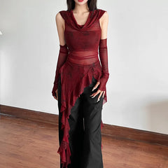 Cyber Grunge Mesh See Through Hooded Sheer Top