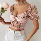 Puff Sleeve Mesh Patchwork Boho Crop Top