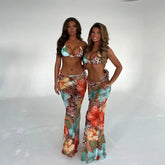 Print Skirt Shirring Halter Three Piece Swim Sets