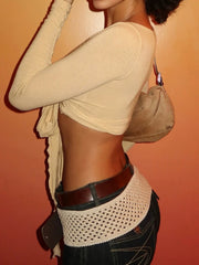 Solid Slim Lace Up Sheer Top