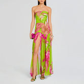 Printed Strapless Pleated Midi Dress