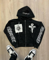 Embroidered Cross Zip Up Hoodie
