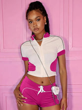 Patchwork Zip Short Sleeve Crop Top Two Piece Shorts Set