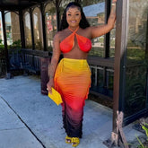 Gradient Halter Crop Top Ruffles Three Piece Swim Sets