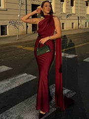 Satin Scarf Collar Halter Maxi Dress