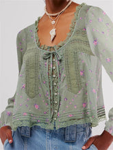 Women Long Sleeve Loose Casual Lace Patchwork Blouse