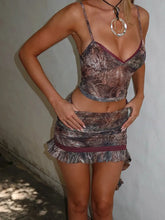 Printed V Neck Ruffled Slim Sheer Bodycon Two Piece Skirt Set