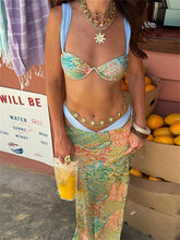 Vintage Floral Tie-Back Bra Maxi Skirt Three Piece Swim Sets