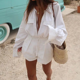 Cotton Linen Lace Up Pocket White Romper