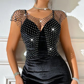 Rhinestone Diamond Net Sheer Top