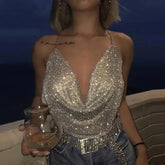 Rhinestone Backless Party Glitter V Neck Cami Top