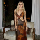 Leopard Print V Neck Maxi Midi Dress