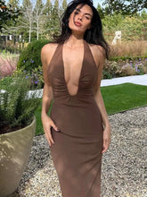 Ruched Deep V-neck Halter Midi Dress