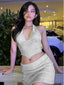 Silk Solid V-Neck Slim Two Piece Skirt Set