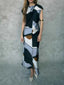 Versatile Satin Print Short Sleeve Midi Silk Dress