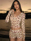 Leopard Print Hooded Cardigan Top High Waist Two Piece Shorts Set