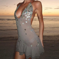 Sequin Lace-Up Ruffle A-Line Mini Dress