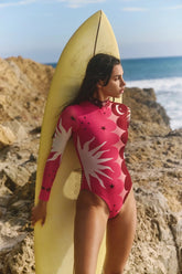 Long Sleeve Zipper Vintage Print One Piece Swimwear