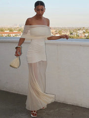 Patchwork Mesh Off Shoulder Midi Dress