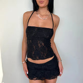 Lace Fairy Tie-Up Sleeveless Low Rise Mini Two Piece Skirt Set