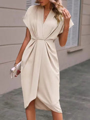 Short Sleeve Deep V Neck Draped High Waist Work Dress