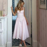 Lace-Up Plaid Sling A-Line Midi Dress