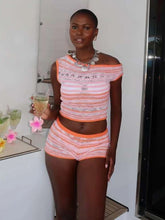 Crochet Stripe Sleeveless Crop Top Two Piece Shorts Set