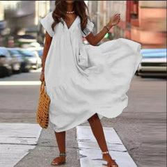 Cotton Linen Oversize Loose V-neck Boho Dress