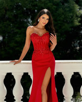 Red Beaded Sweetheart Prom Dress