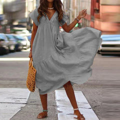 Cotton Linen Oversize Loose V-neck Boho Dress