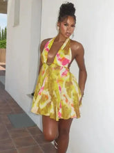 Tie-Dye Halter Ruffle Hem Bandage Mini Dress