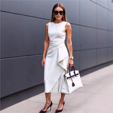 Solid Waisted Sleeveless Asymmetrical Long Work Dress