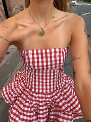 Red Checkered Pleated Fluffy Strapless