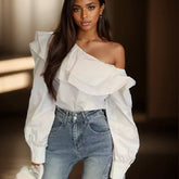 Vintage Off-Shoulder Ruffled White Blouse