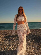 Crochet See Through Flare Sleeve Long Two Piece Skirt Set