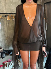 Mesh Irregular Bandage Low Neck Mini Dress