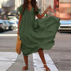 Cotton Linen Oversize Loose V-neck Boho Dress