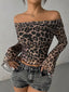 Leopard Print Mesh Ruched Long Sleeve Sheer Top