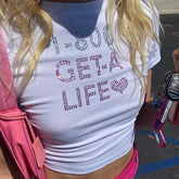 2000s Rhinestones Letter Print Gothic Crop Top